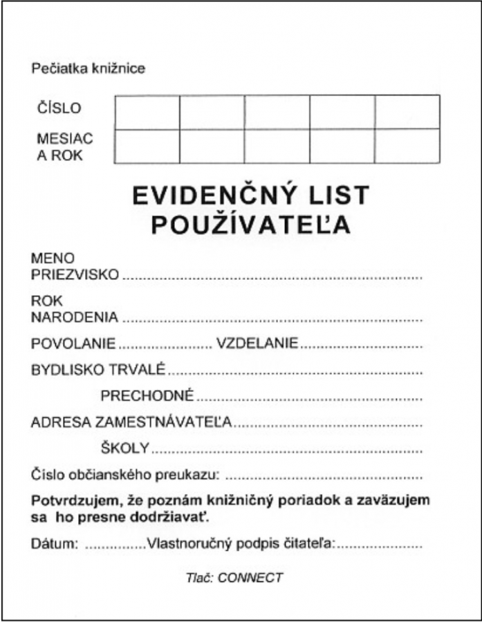 Evidenčný list používateľa (evidenčný zošit)
