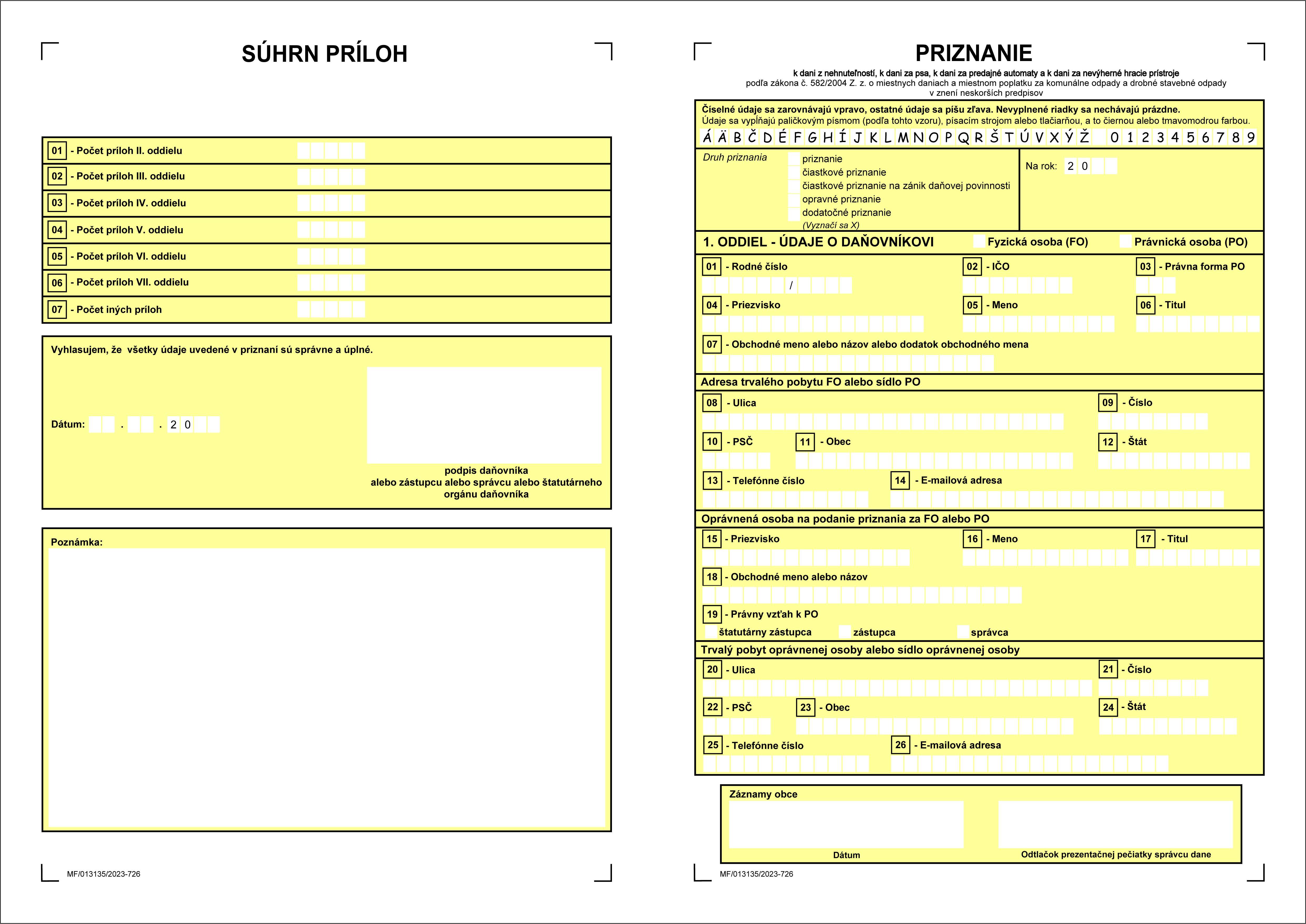 Priznanie k dani z nehnuteľností FO - PO - KOŠIEĽKA / 120 g papier/