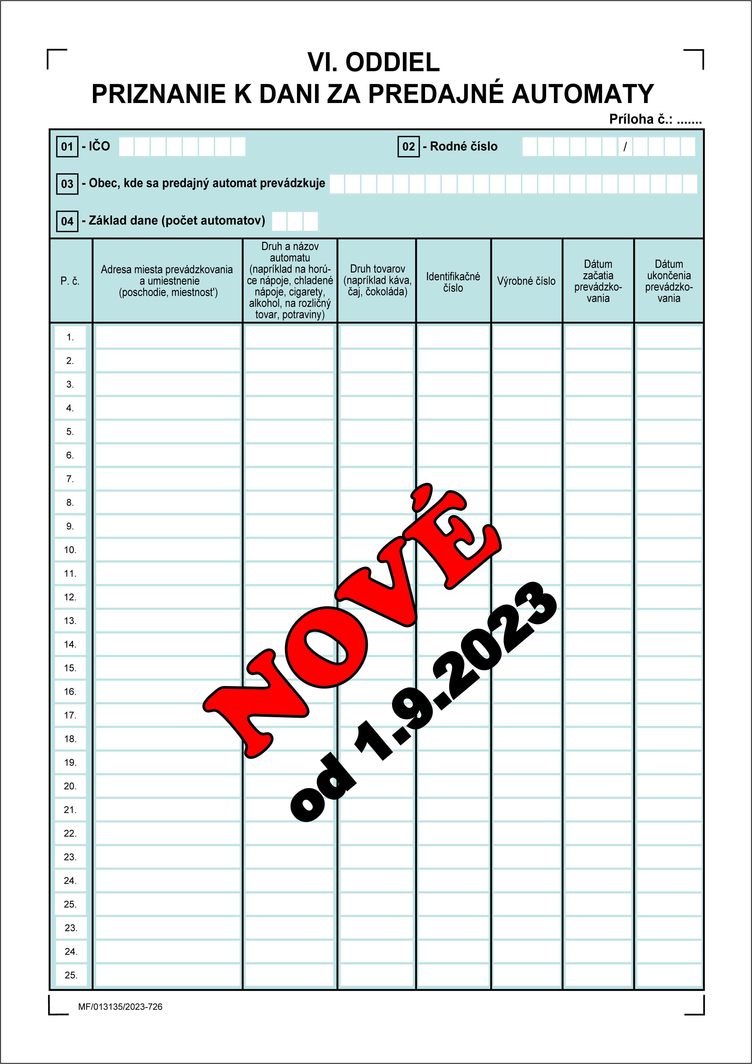 Priznanie k dani za predajné automaty VI. ODDIEL