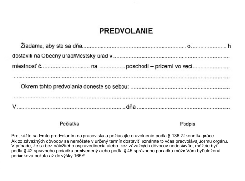 Predvolanie na Obecný / Mestský úrad