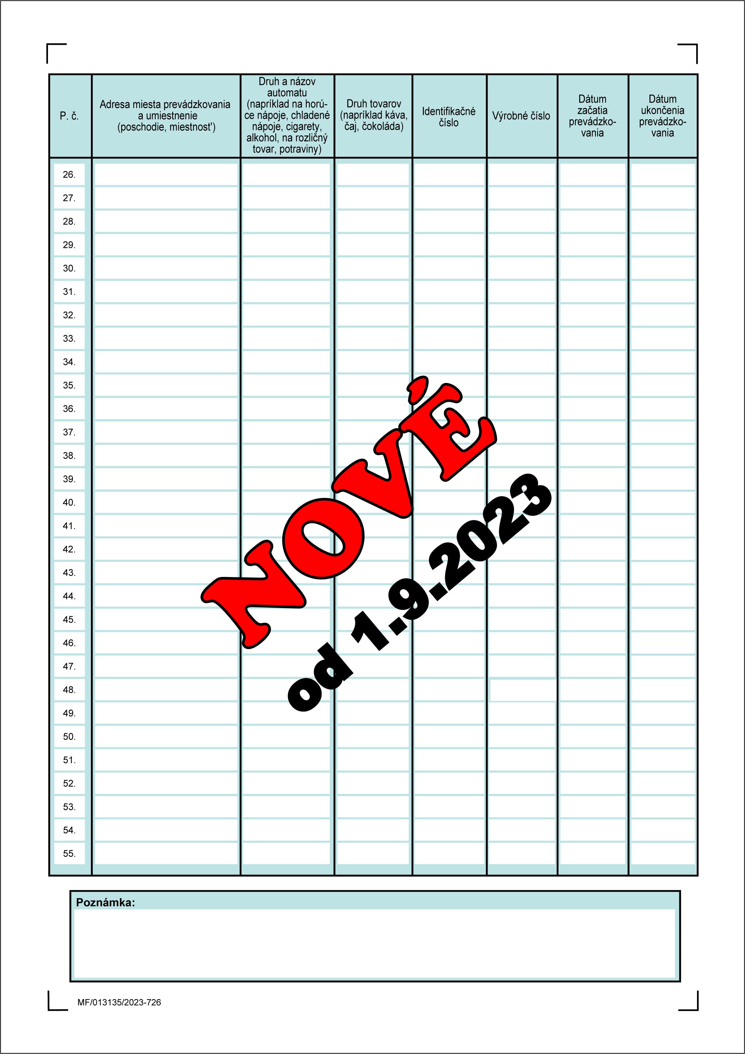 Priznanie k dani za predajné automaty VI. ODDIEL